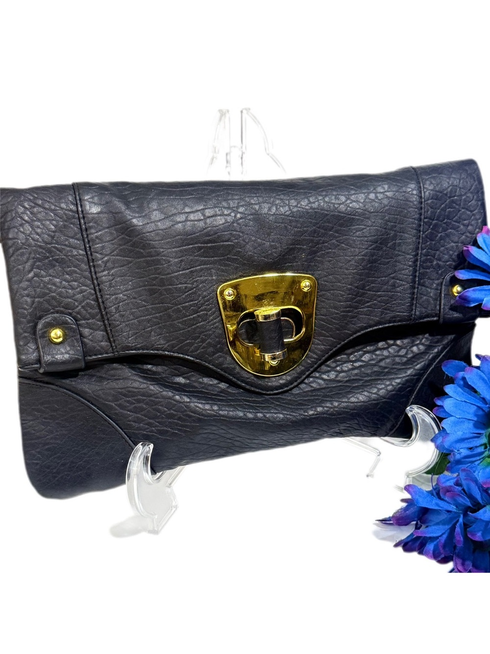 Nila Anthony Black Faux Leather Clutch Purse Bag Flap Closure w/ Gold Turn-Lock